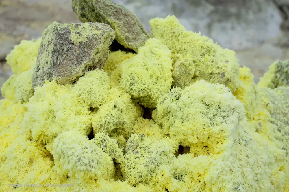 Bright yellow sulfur crystals crusting the volcanic rock of Mt. Iō